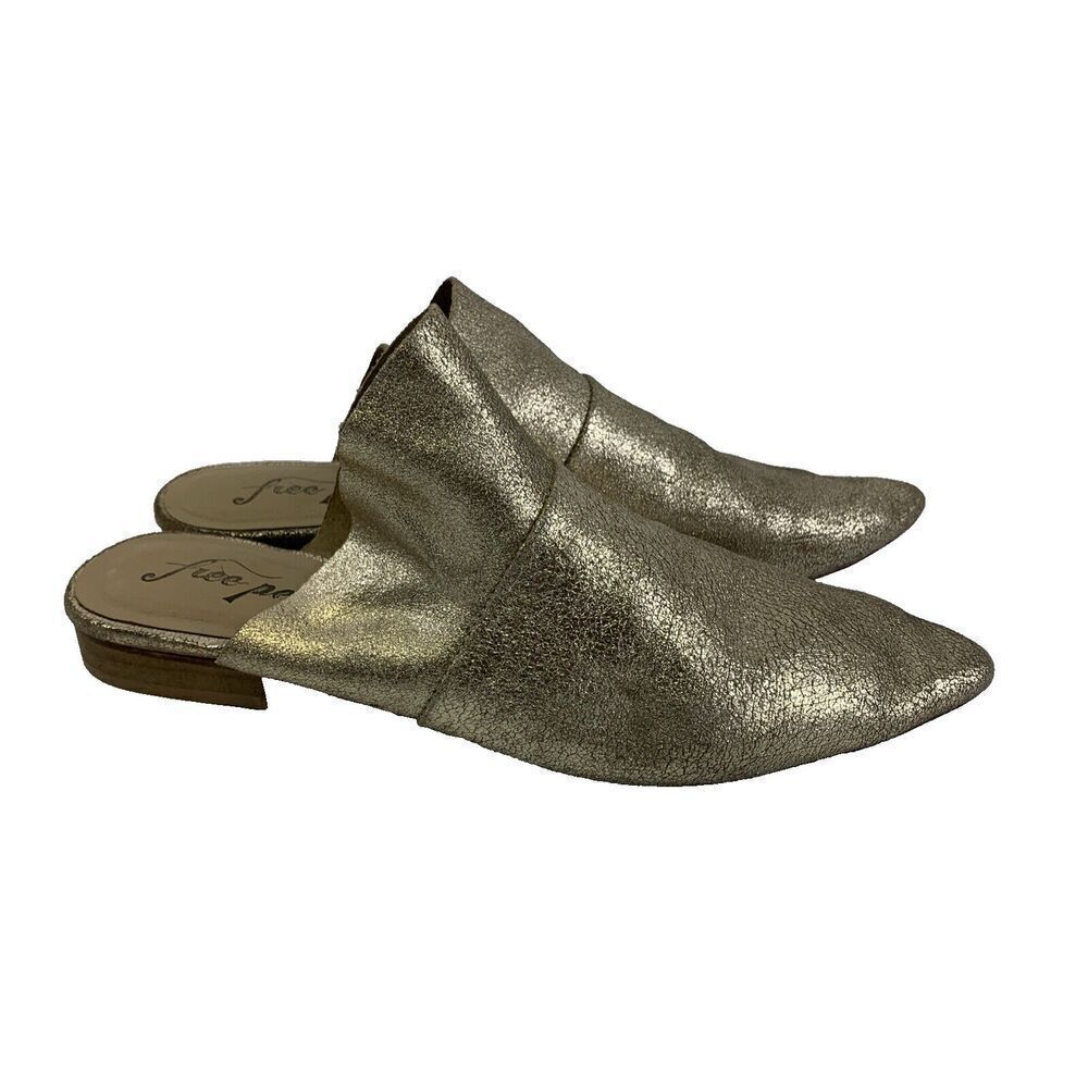 BOGO Free People Sienna SlipOn Mule Ruffle Gold Shimmer Leather Pointed 39.5 9 - Picture 2 of 12